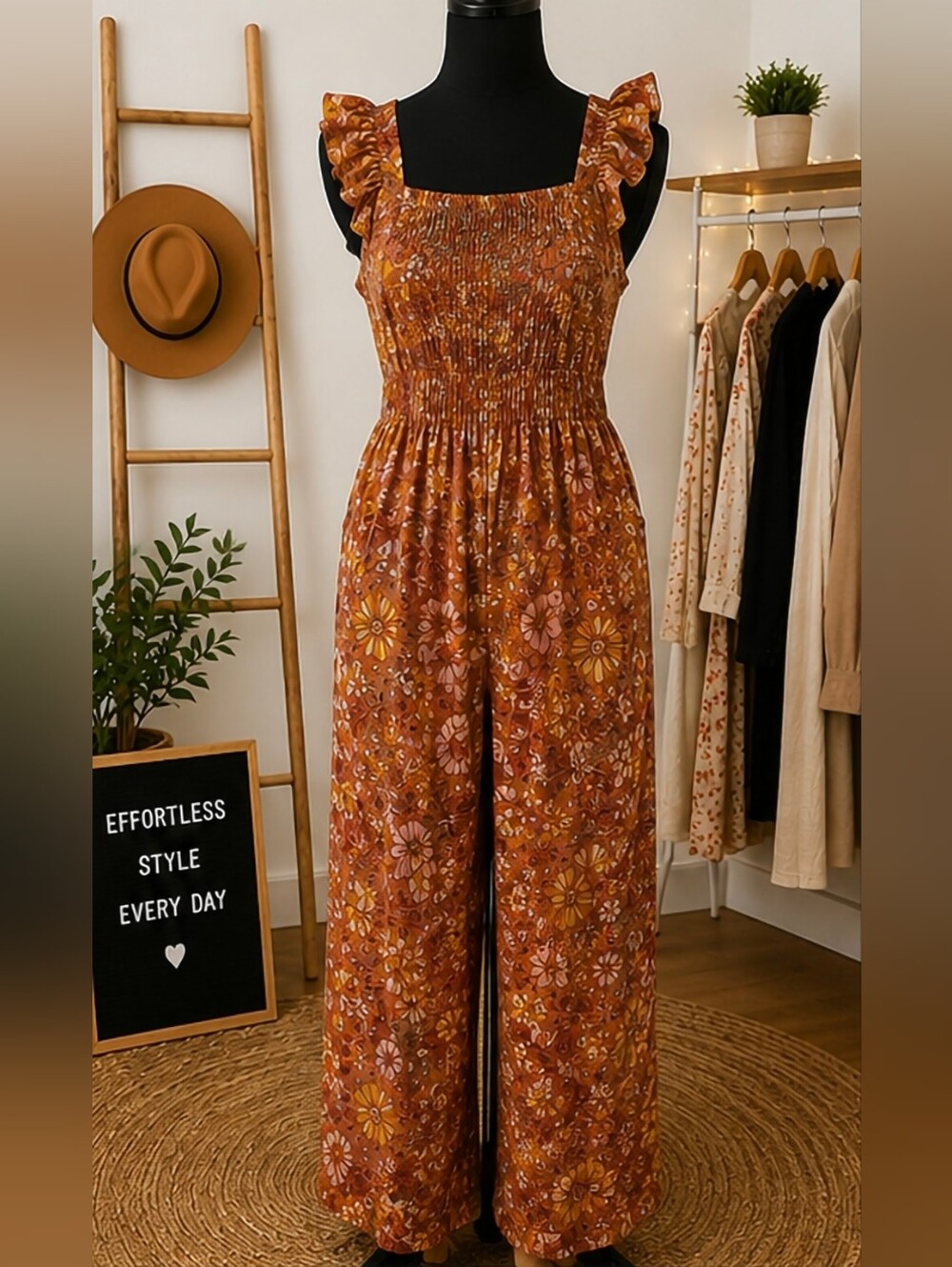 Floral Smocked Wide-Leg Jumpsuit in Rust Floral